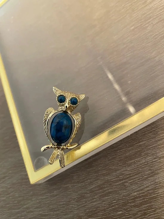 Artisan Gold-Tone Owl Brooch with Deep Blue Cabochons - Picture 2 of 7